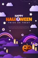 Spooky Halloween backdrop featuring a paper cut designed and vibrant neon illumination. Pumpkin with eerie expressions and ghosts. Imaginative poster perfect for the web. vector