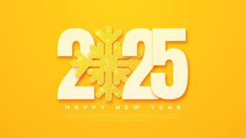 Happy New Year 2025 in the form of realistic, 3D stylized numbers, accompanied by yellow snowflakes. This symbol is suitable for posters, banners, greeting cards and other layout designs. vector
