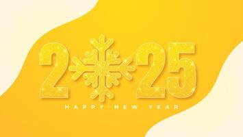 Happy New Year 2025 in the form of realistic, 3D stylized numbers, accompanied by yellow snowflakes. This symbol is suitable for posters, banners, greeting cards and other layout designs. vector