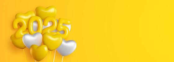 Happy New Year 2025 with realistic yellow and white balloons. This backdrop includes the 2025 number symbol in a shiny yellow look and hanging helium balloons, as well as sparkling gold confetti. vector
