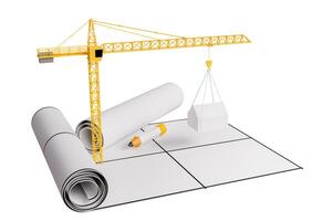 3D tower crane illustration with architectural building plan Blueprint of house and apartment, top view with clipping path. photo