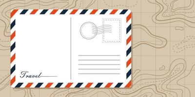 postcard white paper with red and blue on vintage topographic texture background. concept of travelling illustration. air mail or envelope vector
