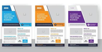 Plumbing flyer template with professional plumber service leaflet design and roof layout vector