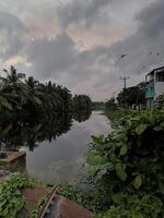 A serene canal bordered by lush palm trees and residential buildings on a cloudy day. photo