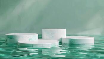 Cosmetic product display stand. 3d green podium on water photo