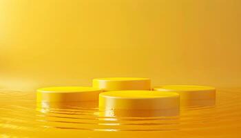 3d podium on yellow water Cosmetic product display stand. photo