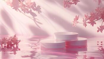 3d podium on pink water Cosmetic product display stand. photo