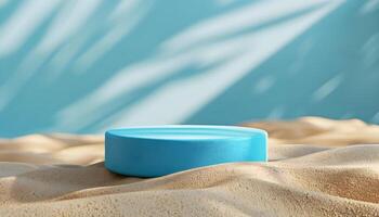 Blue 3d podium on sand. Cosmetic product display stand. photo