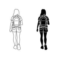 Girl walking with her backpack outline isolated on white background. vector