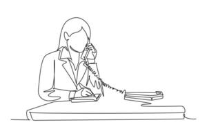 Single continuous line drawing young assistant manager receiving a phone and writing down her boss needs on piece of paper. Manager direction. Dynamic one line draw graphic design illustration vector