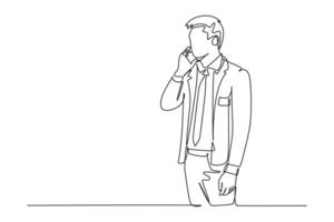 Single one line drawing young male business owner get a phone call from supplier to tell supply delivery schedule. Business call concept. Modern continuous line draw design graphic illustration vector