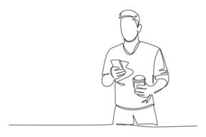 Continuous one line drawing of young active male typing chat message on smart phone to his business partner while holding cup of tea. Business deal. Single line draw design graphic illustration vector