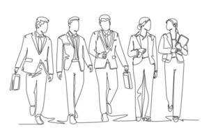 Single continuous line drawing young businessman and businesswoman walking and talking together on office lobby. Urban commuter worker concept. Dynamic one line draw graphic design illustration vector