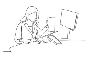 Single continuous line drawing of young woman employee asking her friends using cellphone about company financial report at the office. Annual report. One line draw graphic design illustration vector