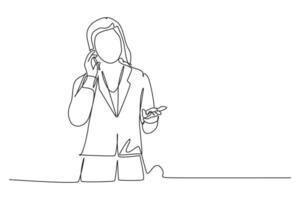 Single continuous line drawing young businesswoman standing on office floor and talking on smartphone with her friend. Business call concept. Dynamic one line draw graphic design illustration vector
