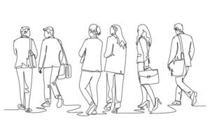 Single one line drawing back view of male and female startup CEO walking together to workshop room to present their proposal. Urban commuter workers. Continuous line design graphic illustration vector