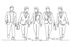Single one line drawing of young happy male sales managers walking together and discussing new selling strategy. Urban commuter workers concept. Continuous line draw design graphic illustration vector
