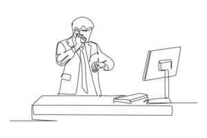 Single one line drawing young business man standing in front of desk computer screen and holding phone calling his staff. Business talk. Modern continuous line draw design graphic illustration vector