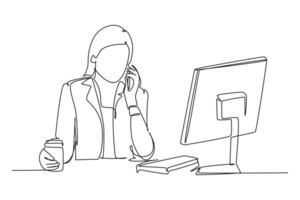 Single continuous line drawing young female employee drinking a cup of coffee and calling her friend using cellphone at the office. Phone talk. Dynamic one line draw graphic design illustration vector