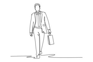 Single one line drawing young male manager walking on town street to go to office while holding suitcase. Urban commuter worker concept. Modern continuous line draw design graphic illustration vector