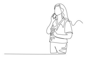 Single one line drawing female employee talking with her work partner on phone while holding a cup of coffee drink. Drinking tea concept. Modern continuous line draw design graphic illustration vector