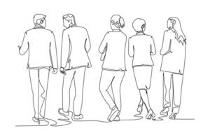 Single one line drawing back view of businessman and business woman walking together to meeting room to present their partner project proposal. Continuous line draw design graphic illustration vector
