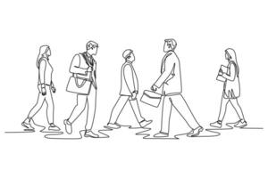 Single continuous line drawing group urban male and female commuters walking every day on city road go to the office. Urban commuter workers. Dynamic one line draw graphic design illustration vector