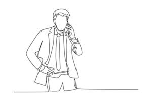 Single one line drawing young male startup CEO walking and holding smartphone to receive call from his colleague. Business talk concept. Modern continuous line draw design graphic illustration vector