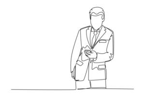 Continuous one line drawing young salesman promote and introduce new smartphone device series to customer. Product introduction marketing concept. Single line draw design graphic illustration vector