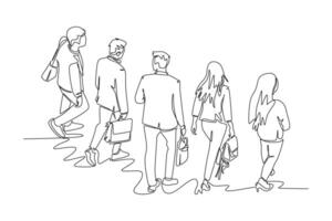 Single one line drawing top view of young male and female employee walking together rushed so as not to be late for work. Urban commuter worker. Continuous line draw design graphic illustration vector