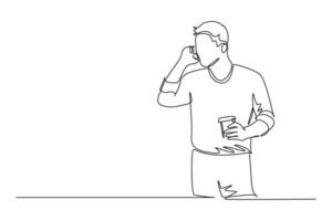 Continuous one line drawing young business man holding cup of coffee while talking with his marketing staff on phone call discussing sales report. Single line draw design graphic illustration vector