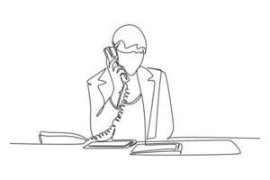 Single continuous line drawing of young female employee receiving complain call from furious customer with calm and relax. Customer service excellent. One line draw graphic design illustration vector