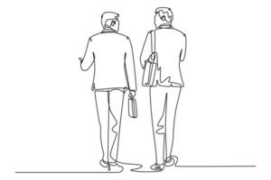 Continuous one line drawing back view two young male managers walking in hurry while discussing and try not be late for work. Urban commuter worker. Single line draw design graphic illustration vector
