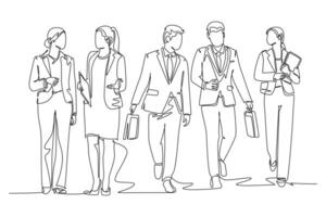 Single continuous line drawing of young male and female workers walking together neatly in a row in city street go to office. Urban commuter workers. One line draw graphic design illustration vector