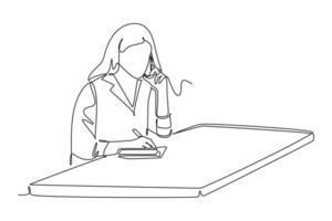 Continuous one line drawing young active businesswoman writing on a piece of paper while receiving phone from her colleagues. Business call concept. Single line draw design graphic illustration vector