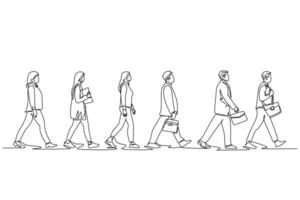 Single continuous line drawing group urban male and female commuters walking every day on city road go to the office. Urban commuter workers. Dynamic one line draw graphic design illustration vector