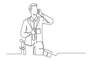 Continuous one line drawing of young male business owner get a phone call from his supplier to tell supply delivery schedule. Business call concept. Single line draw design graphic illustration vector