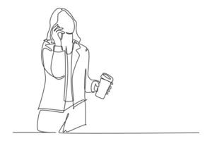 Single continuous line drawing female marketing manager discuss sales strategy with staff on phone while holding cup of coffee. Drinking tea concept. One line draw graphic design illustration vector