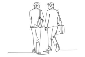 Continuous one line drawing back view of young happy business men talking to his colleagues when walking approaching office. Business conversation. Single line draw design graphic illustration vector