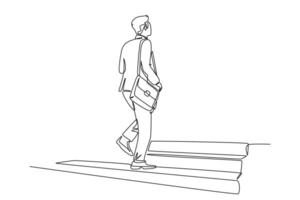 Continuous one line drawing back view of young male manager walking relax on city street to go to the office while holding document. Urban commuter worker. Single line draw design illustration vector