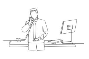 Single one line drawing young marketing manager discussing sales report from sales division during receiving phone call. Company report. Modern continuous line draw design graphic illustration vector