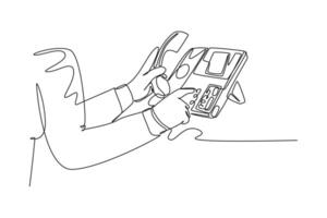 Single one line drawing of gesture hand picking handle retro classic analog phone up. Old vintage analog telephone communication concept. Modern continuous line draw design graphic illustration vector
