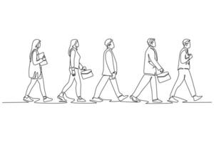 Single continuous line drawing group male and female urban commuters walking pass over on city street go to the office. Urban commuter workers. Dynamic one line draw graphic design illustration vector
