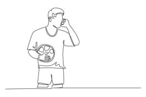 Continuous one line drawing of soccer player holding football ball and talking with his coach with smartphone. Mobile sport play match. Soccer game. Single line draw design graphic illustration vector