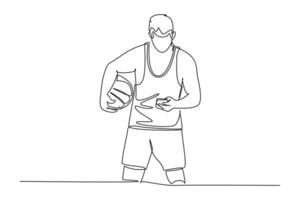 Continuous one line drawing basketball player holding basketball ball and typing chat message on smartphone. Mobile sports stream championship play. Single line draw design graphic illustration vector