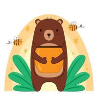 Bear hugging a jar of honey. Bear and Bee cartoon . Honey jar . Bear character. vector
