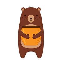 Bear hugging a jar of honey. Bear and Bee cartoon . Honey jar . Bear character. vector
