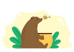 Bear hugging a jar of honey. Bear and Bee cartoon . Honey jar . Bear character. vector