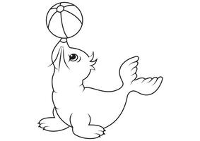 Black and White Cartoon Seal who Plays with the Beach Ball Flat Designs, Ideal for Coloring Pages, Isolated on White Background vector
