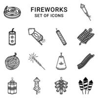 set of fireworks line art icon isolated on white background vector